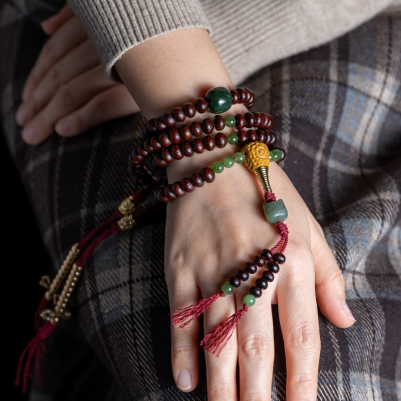 KarmaRipple's Authentic Tibet 108 Mala Beadwork Purple Bodhi Seed Hetian Cyan Jade Bronze Dorje Peace Bracelet p13