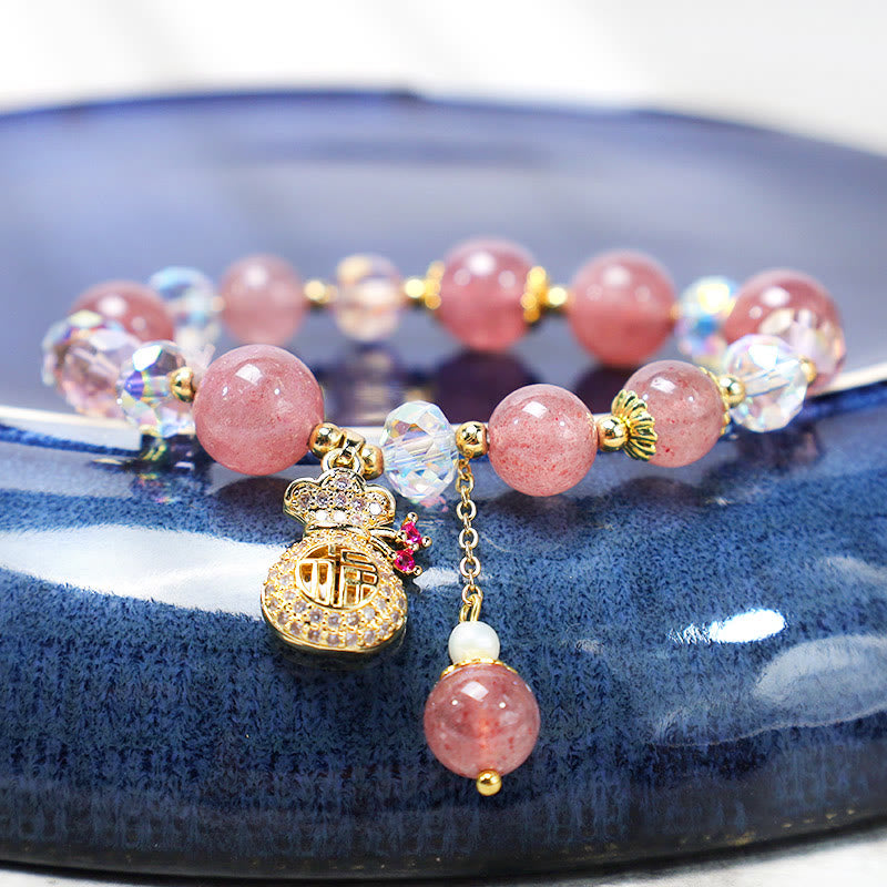 KarmaRipple's Authentic Strawberry Quartz Gemstone Money Bag Talisman Positive Bracelet p2
