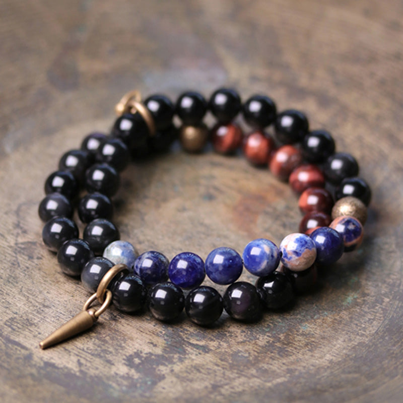 KarmaRipple's Black Obsidian Sodalite Gemstone Bronze Strength Pair Bracelet p8