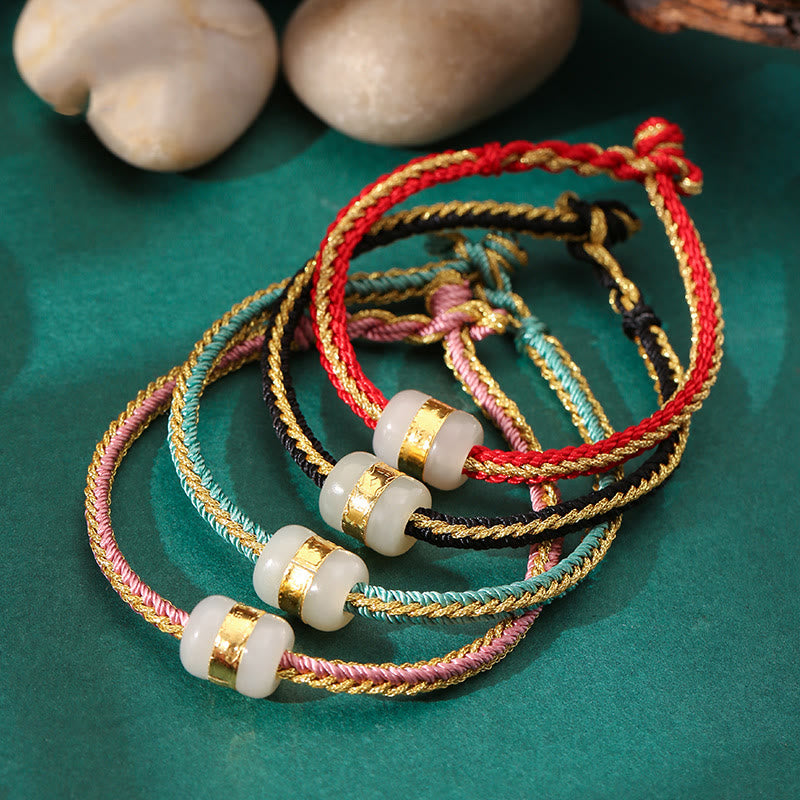 KarmaRipple's 999 Gold Hetian Ivory Jade Om Mani Padme Hum Fu Character Fortune Woven Bracelet p5