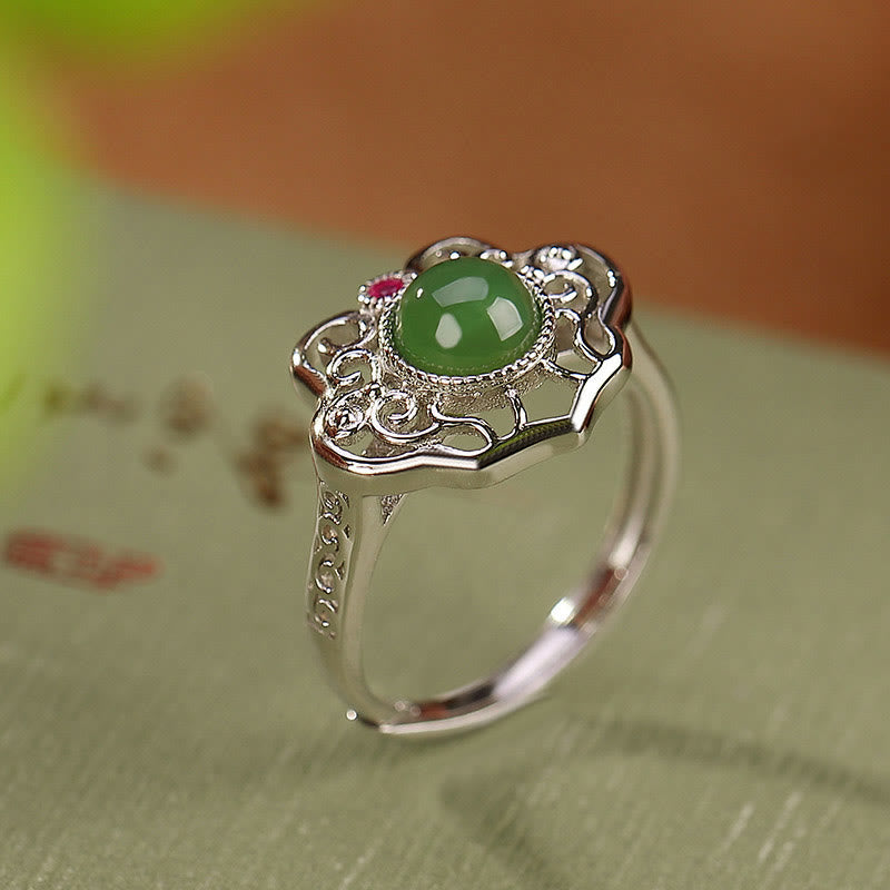 KarmaRipple's 925 Sterling Silver Authentic Hetian Cyan Jade Hollow Design Fortune Ring Earrings Set p4