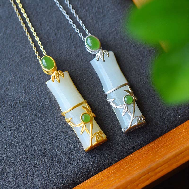KarmaRipple's Ivory Jade Cyan Jade Bamboo Protection Pendant Necklace p2