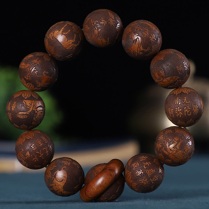 KarmaRipple's Chinese Zodiac Rosewood Green Sandalwood Ebony Wood Bronze Coin Carved Calm Bracelet p17