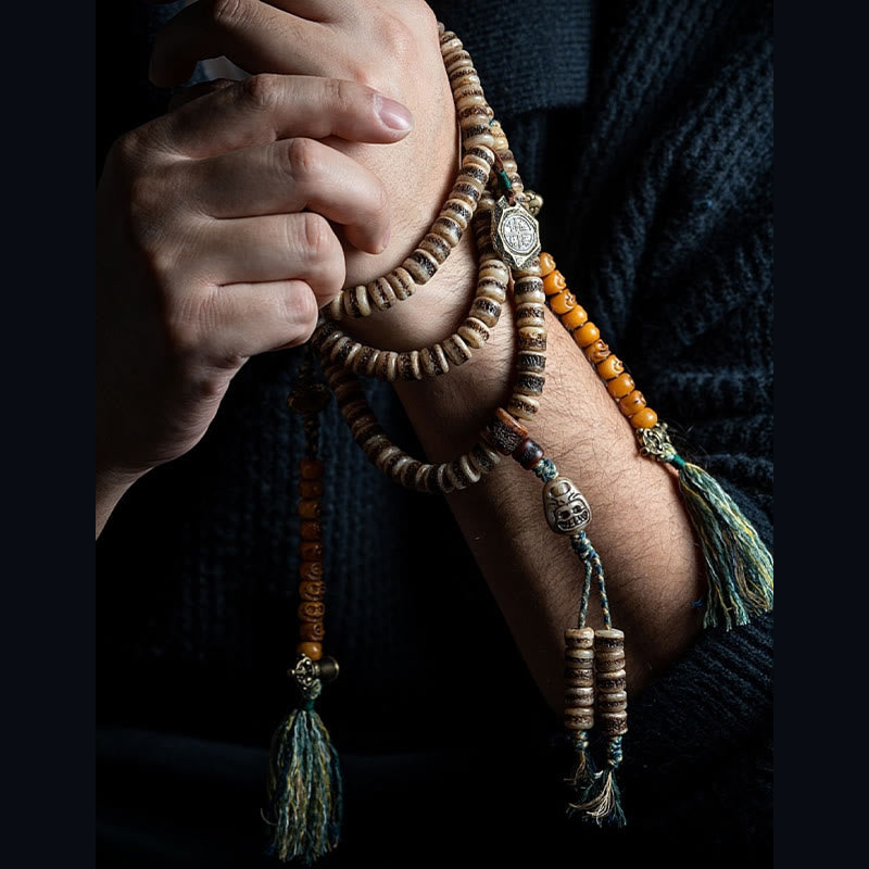 KarmaRipple's Tibetan 108 Mala Beadwork Yak Bone Dzi Bead The Lord of the Corpse Forest Strength Bracelet p19