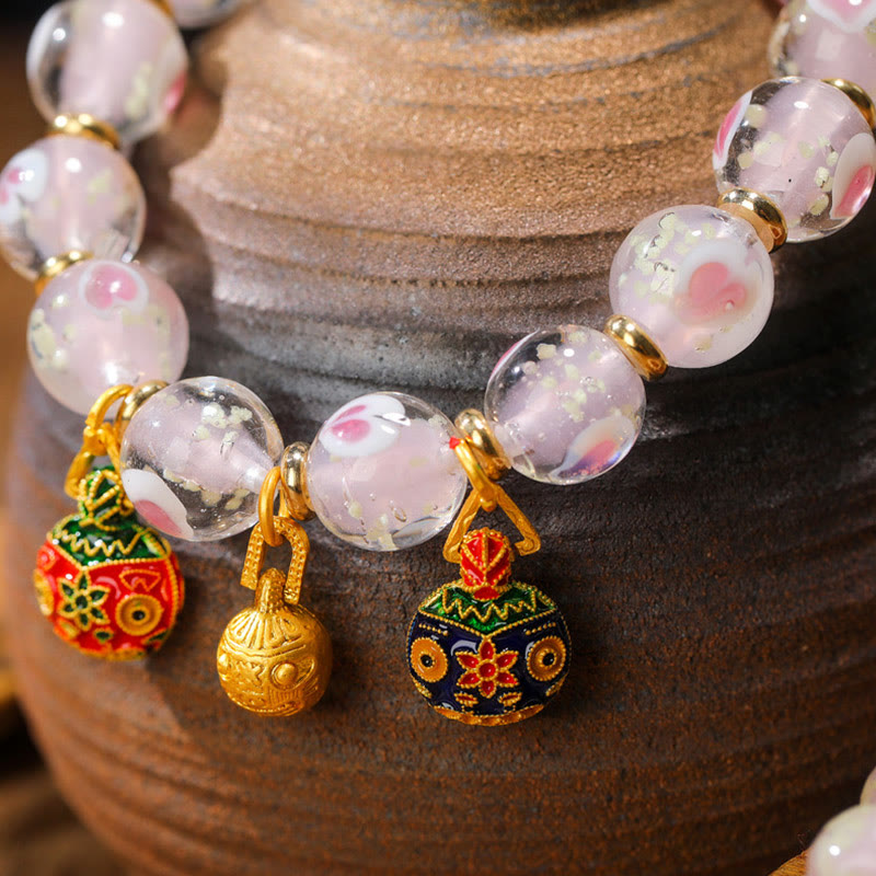 KarmaRipple's Gold Swallowing Beast Family Talisman Luminous Pink Love Heart Fluorescent Liuli Glass Bead Blessings Bracelet p4