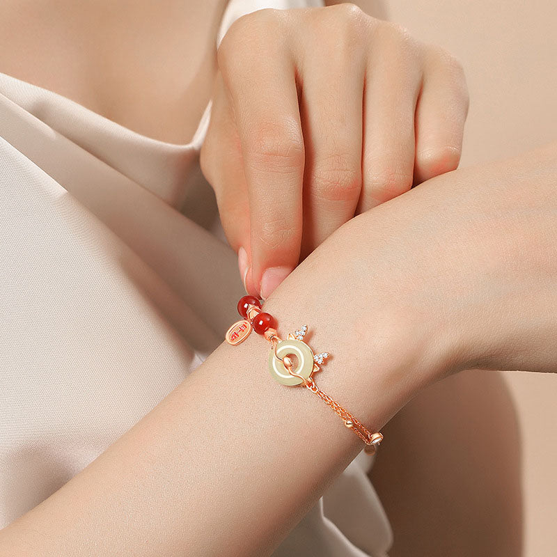 KarmaRipple's 925 Sterling Silver Year of the Dragon Authentic Red Agate Hetian Jade Peace Buckle Fortune Success Bracelet ( p4