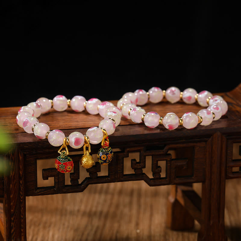 KarmaRipple's Gold Swallowing Beast Family Talisman Luminous Pink Love Heart Fluorescent Liuli Glass Bead Blessings Bracelet p9
