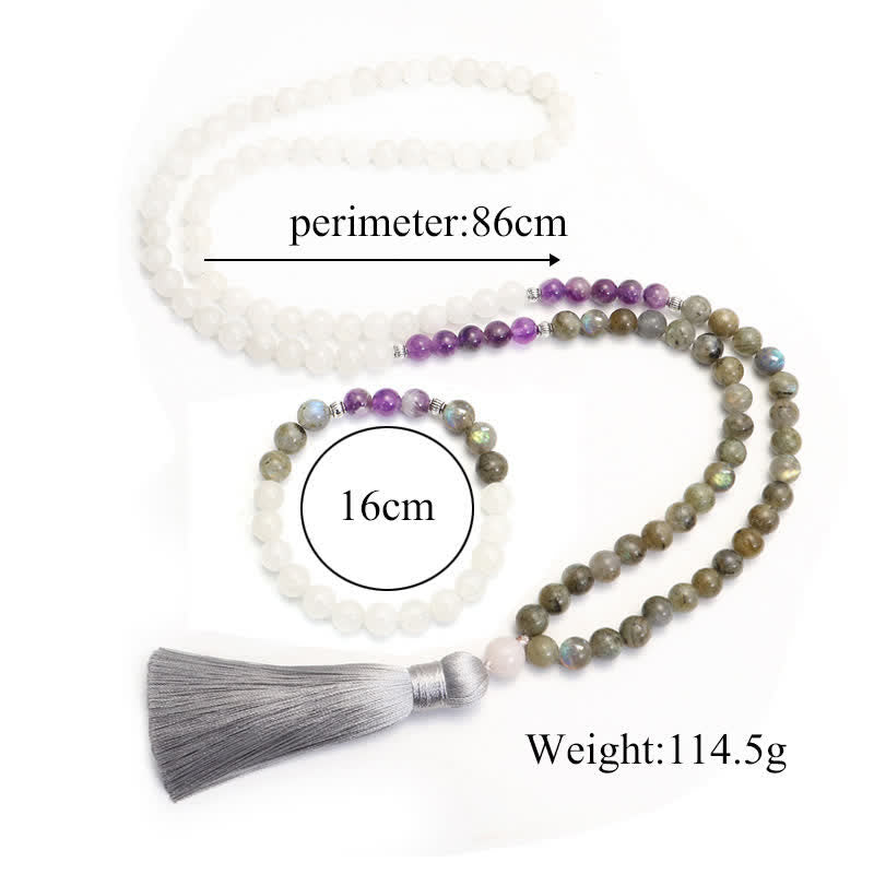 KarmaRipple's 108 Mala Beadwork Ivory Agate Amethyst Black Glitter Stone Protection Bracelet p11