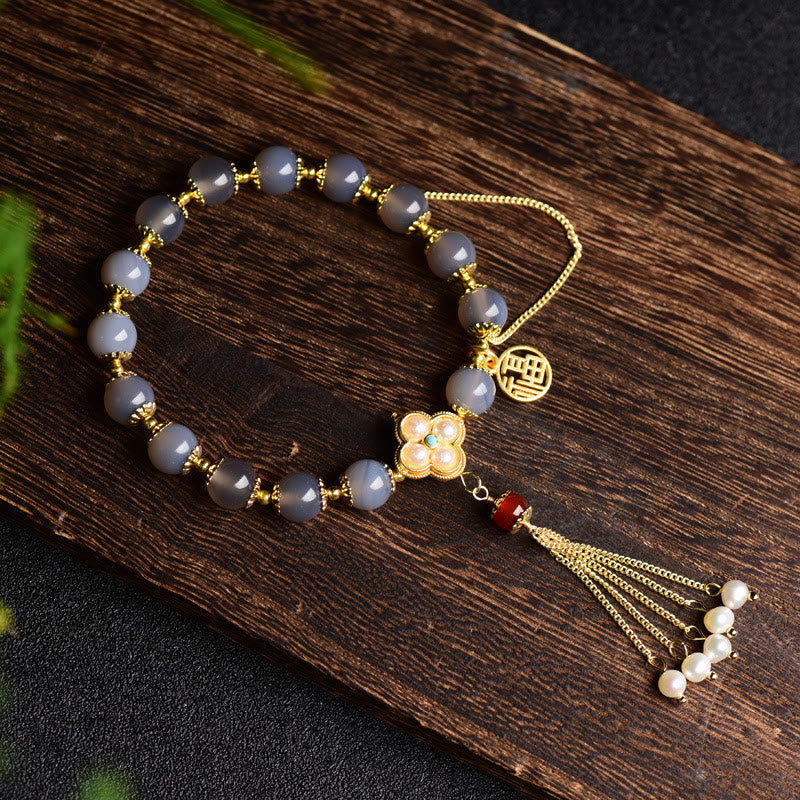 KarmaRipple's Authentic Gray Agate Fu Character Pearl Tassel Balance Bracelet p1
