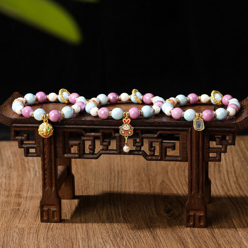 KarmaRipple's Tibetan Zakiram Goddess of Wealth Rabbit Lion Head Talisman Liuli Glass Incense Ash Porcelain Bead Protection Bracelet p11