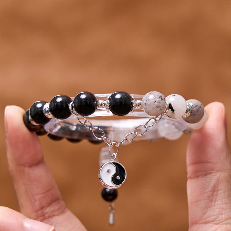 KarmaRipple's Silver Sheen Obsidian Crackle Clear Quartz Black Rutilated Quartz Yin Yang Lotus Protection Bracelet p22