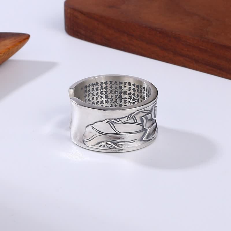 KarmaRipple's 999 Sterling Silver Lotus Flower Heart Sutra Protection Ring p5
