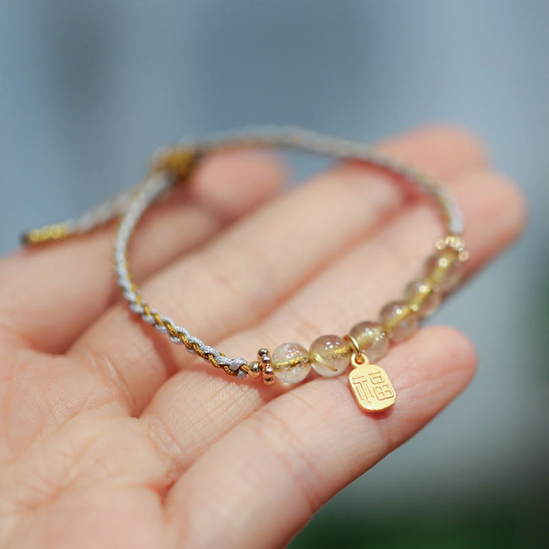 KarmaRipple's 925 Sterling Silver Authentic Jade Gourd Rutilated Quartz Fu Character Fortune Braid Bracelet p2