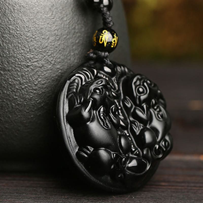 KarmaRipple's Black Obsidian Double Pixiu Bead Rope Purification Pendant Necklace p2