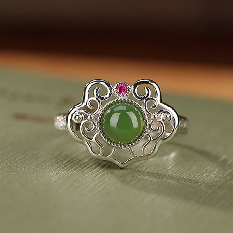 KarmaRipple's 925 Sterling Silver Authentic Hetian Cyan Jade Hollow Design Fortune Ring Earrings Set p5
