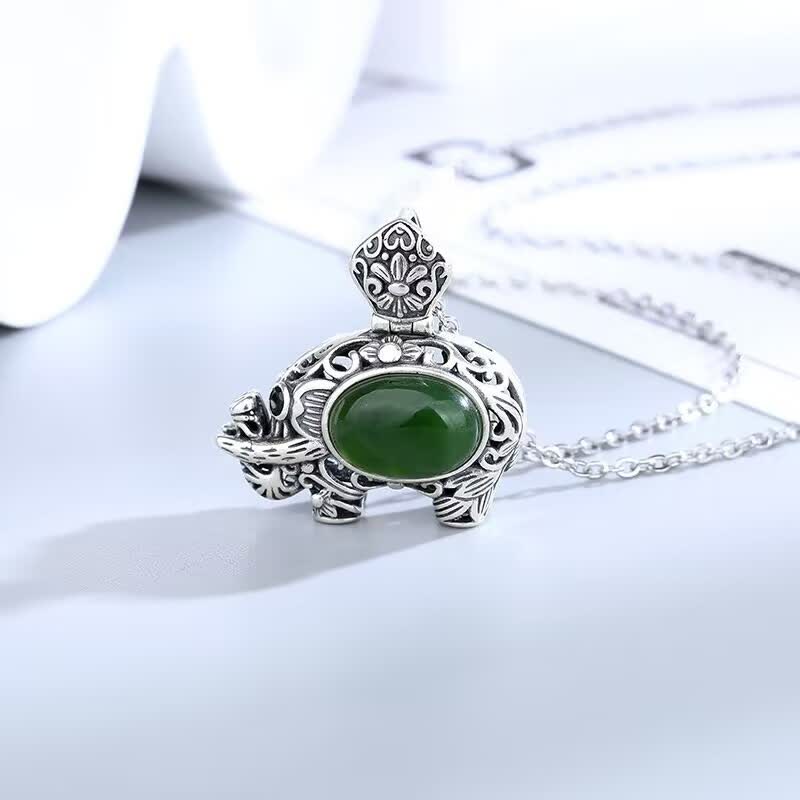 KarmaRipple's 925 Sterling Silver Hetian Cyan Jade Elephant Success Pendant Necklace p2