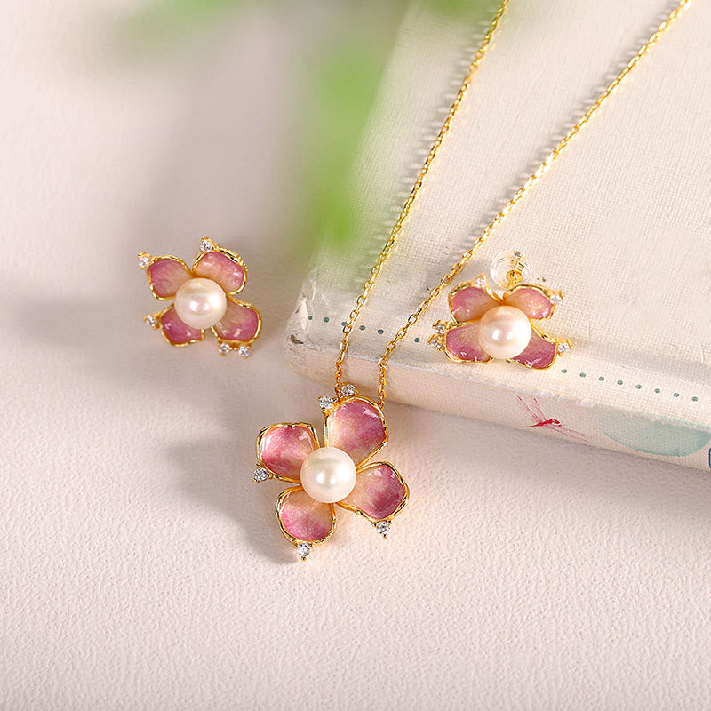 KarmaRipple's 925 Sterling Silver Pearl Red Flower Petals Design Wisdom Pendant Necklace Earrings Set p1