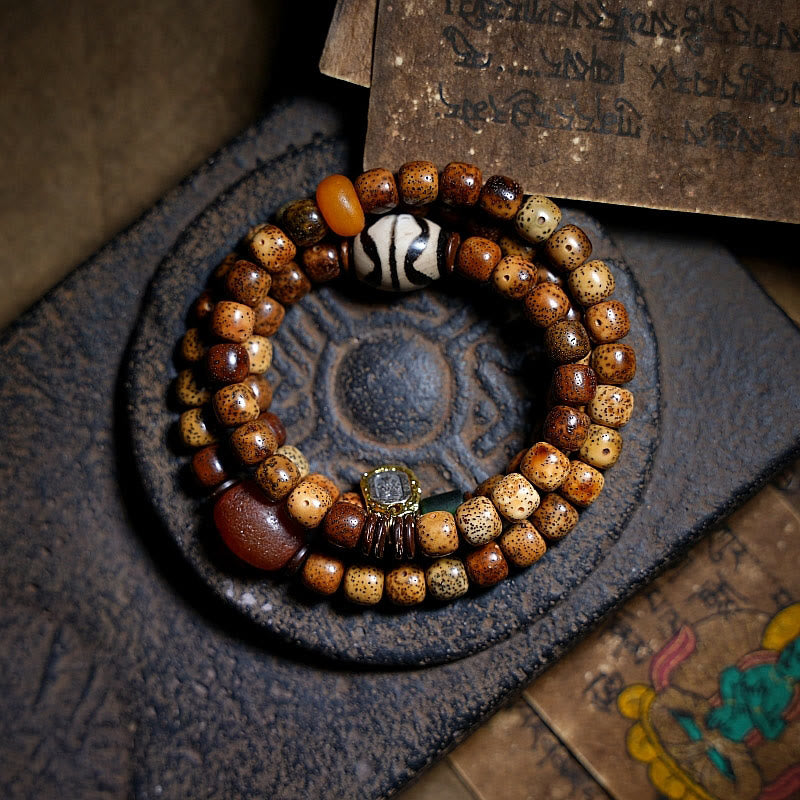 KarmaRipple's Tibetan Bodhi Seed Amber Dzi Bead Agate Zakiram Goddess of Wealth Beadwork Triple Wrap Bracelet p1