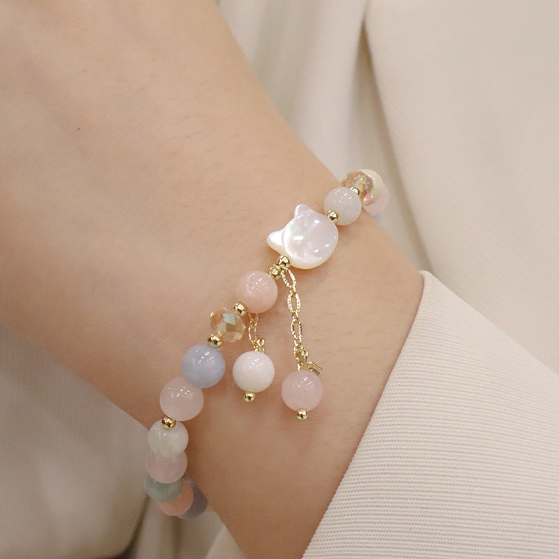 KarmaRipple's Authentic Strawberry Quartz Morganite Tridacna Stone Cat Love Bracelet p2