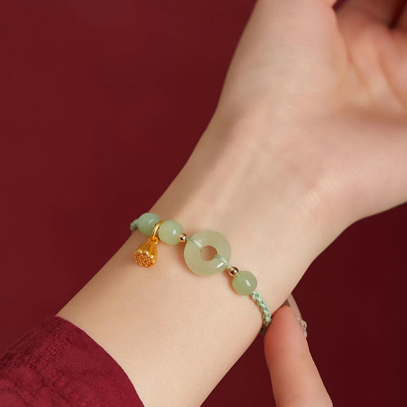 KarmaRipple's Round Peace Buckle Jade Lotus Happiness Abundance Wealth String Bracelet p15