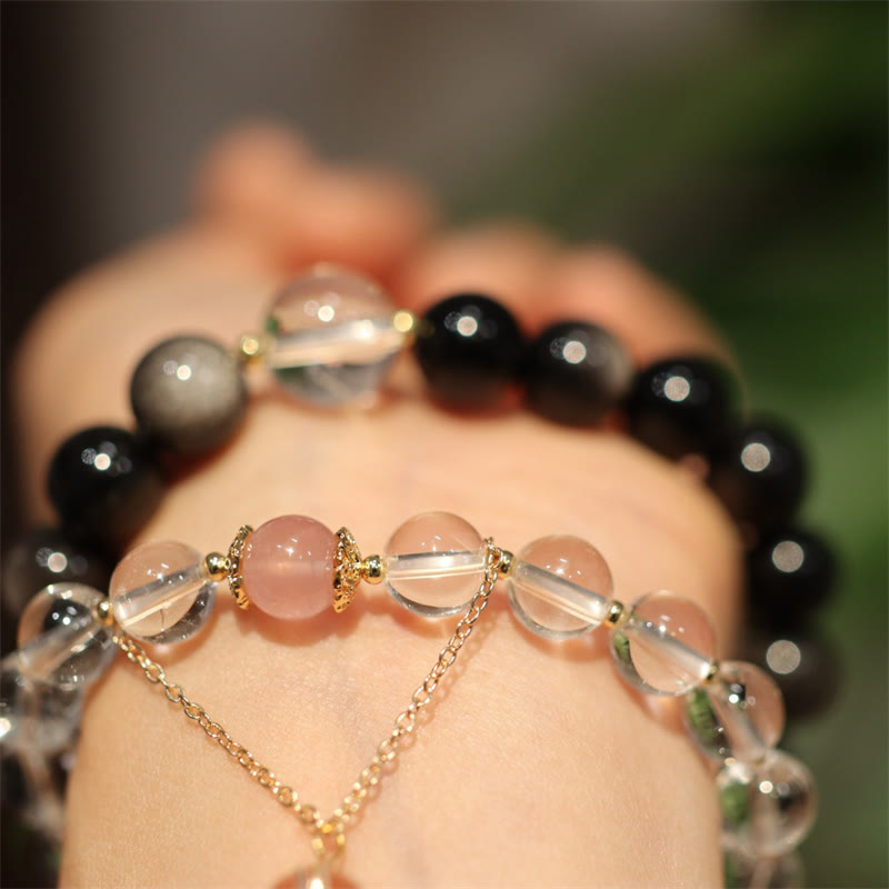 KarmaRipple's Authentic Silver Sheen Obsidian Pink Gemstone Ivory Gemstone Protection Yin Yang Color Pair Bracelet p6