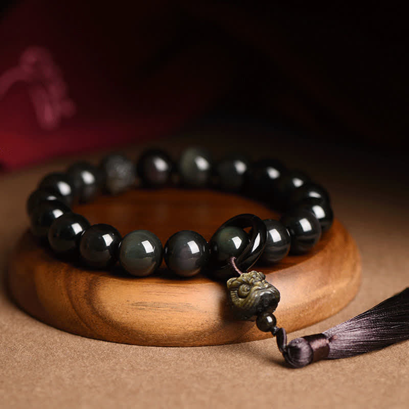 KarmaRipple's Authentic Black Obsidian Lion Wrist Mala Protection Tassels Pocket Mala Car Decoration p7