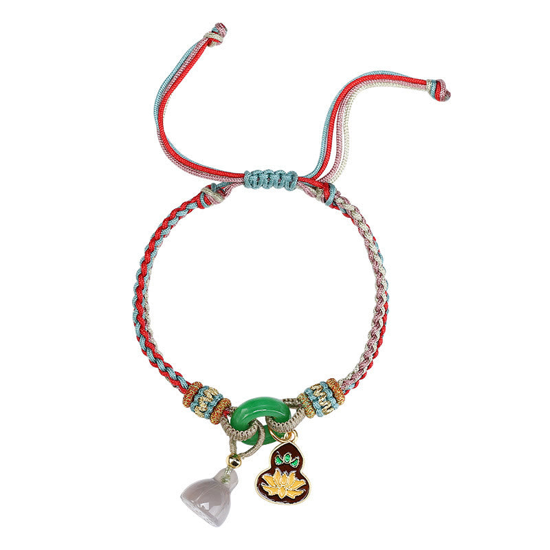 KarmaRipple's Colorful Rope Chalcedony Lotus Jade Peace Buckle Balance Gourd Talisman Bracelet p11