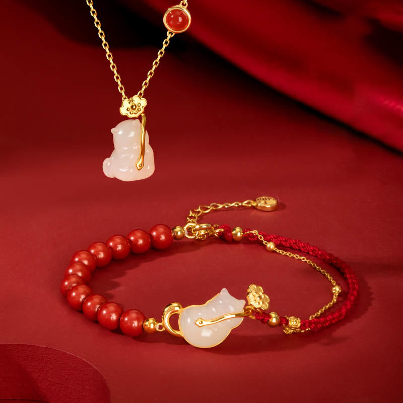 KarmaRipple's 925 Sterling Silver Plated 18K Gold Hetian Jade Ruyi Cat Cinnabar Fortune Bracelet Pendant Necklace Set p1