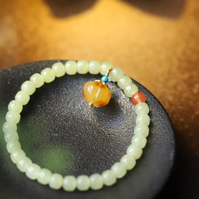 KarmaRipple's Authentic Hetian Jade Pumpkin Amber Red Agate Gemstone Prosperity Bracelet p16