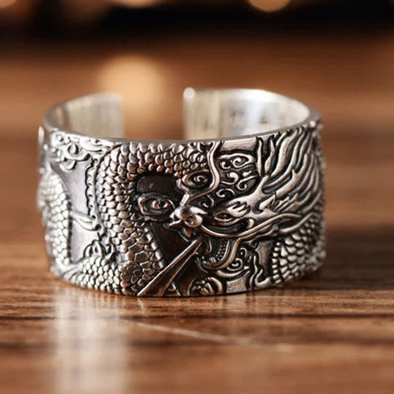 KarmaRipple's 999 Sterling Silver Dragon Carved Pattern Protection Success Ring p2