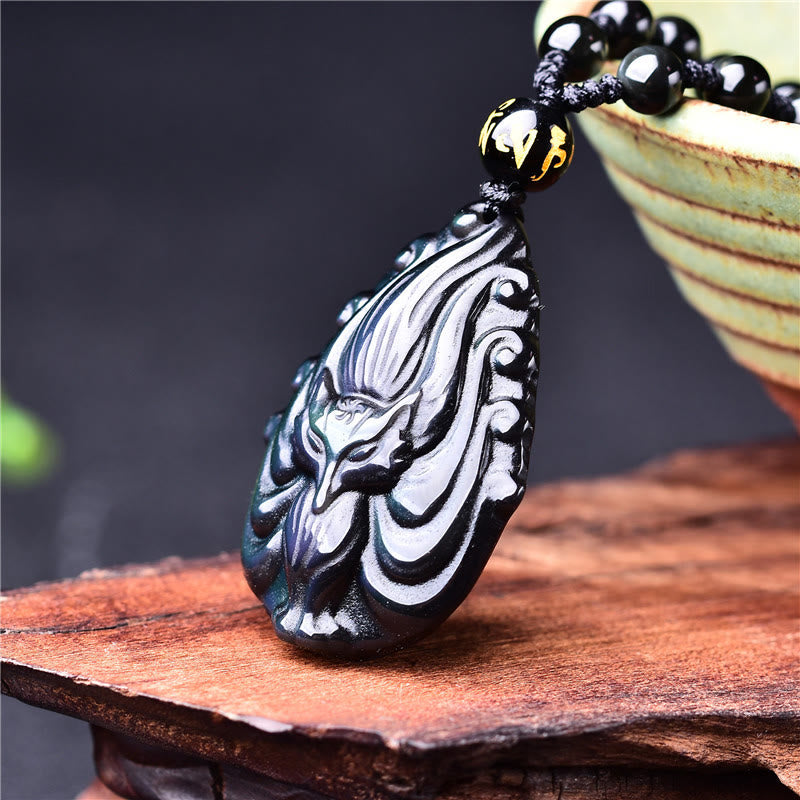 KarmaRipple's Authentic Rainbow Obsidian Nine Tailed Fox Inner Peace Pendant Beaded String Necklace p8