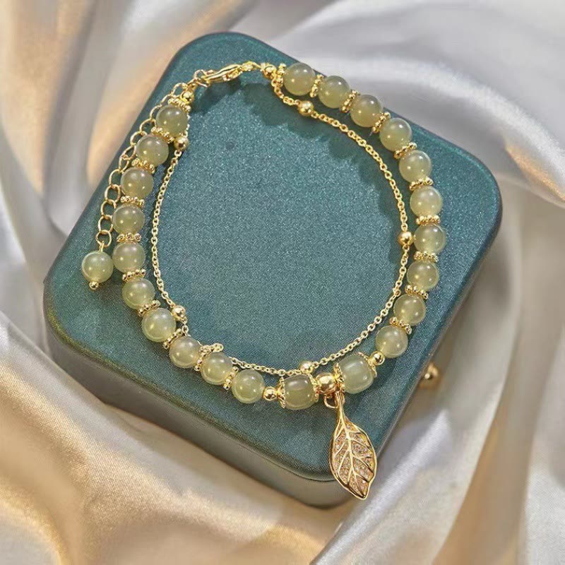 KarmaRipple's Jade Leaf Ginkgo Tulip Peanut Fu Character Fortune Beaded Bracelet p7