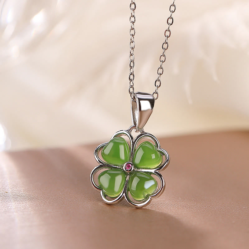 KarmaRipple's 925 Sterling Silver Hetian Cyan Jade Fortunate Four Leaf Clover Balancing Pendant Necklace p14
