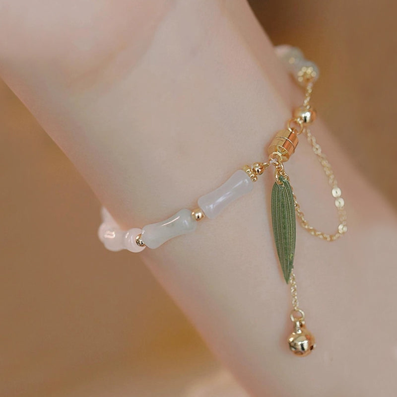 KarmaRipple's 14K Gold Plated Hetian Ivory Jade Bamboo Leaf Fortune Protection Bracelet p4