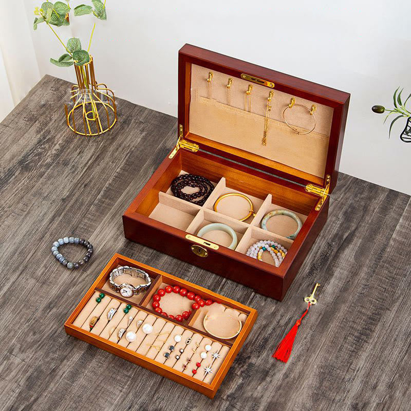 KarmaRipple's Vintage Wooden Jewelry Box Two-Layer Solid Wood Jewelry Storage Box p33