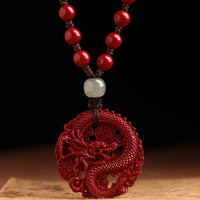 KarmaRipple's Year Of The Dragon Authentic Cinnabar Hetian Jade Bead Bronze Coin Attract Wealth Strength Pendant Necklace