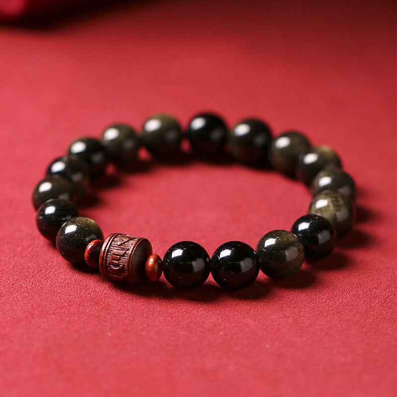 KarmaRipple's Authentic Gold Sheen Obsidian Rainbow Obsidian Om Mani Padme Hum Fu Character Balancing Bracelet p13