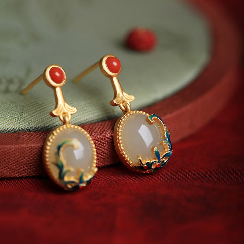 KarmaRipple's Vintage Jade Red Agate Abundance Bronze Drop Earrings p2