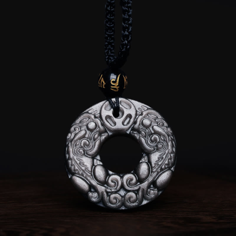 KarmaRipple's Authentic Silver Sheen Obsidian Double PiXiu Bronze Coin Peace Buckle Protection Pendant Necklace p7