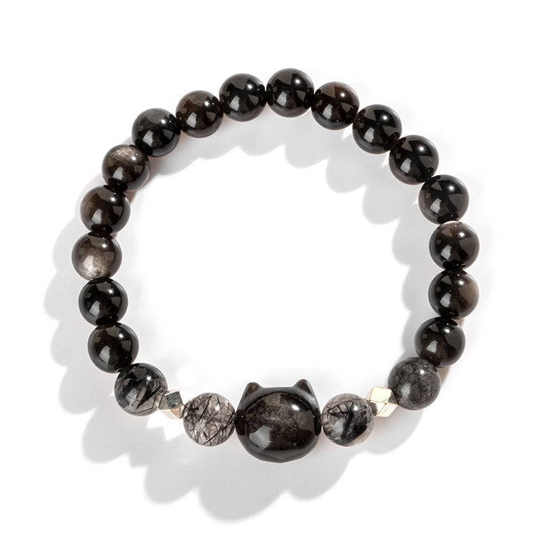 KarmaRipple's Authentic Silver Sheen Obsidian Cute Cat Head Protection Bracelet p7