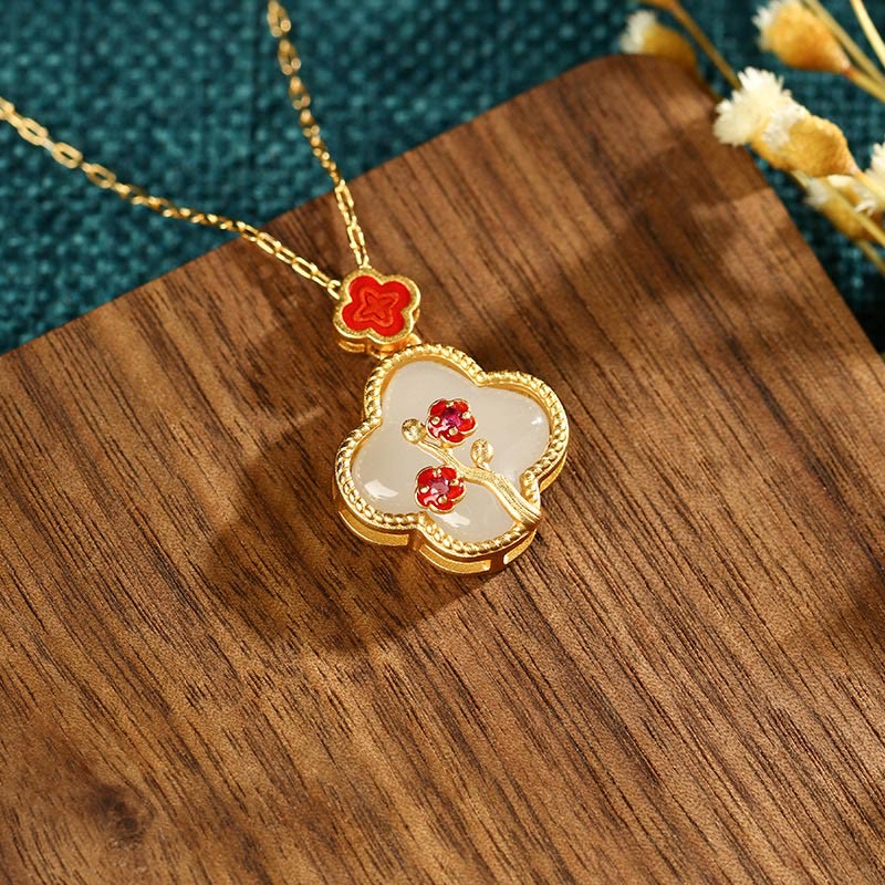 KarmaRipple's 24K Gold Plated Ivory Jade Four Leaf Clover Plum Blossom Fortune Pendant Necklace Earrings p3