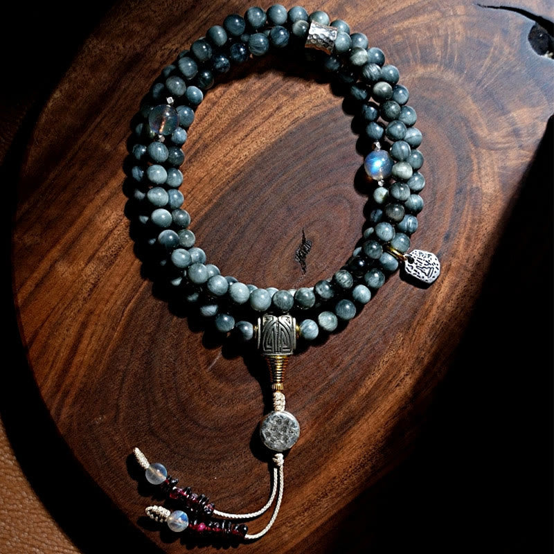 KarmaRipple's 925 Sterling Silver 108 Mala Beadwork Eagle's Eye Stone Moonstone'sitive Bracelet p2