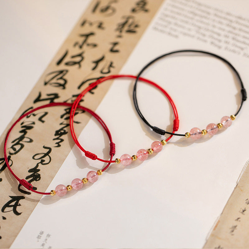 KarmaRipple's Strawberry Gemstone Beadwork Fortune Red String Anklet p4