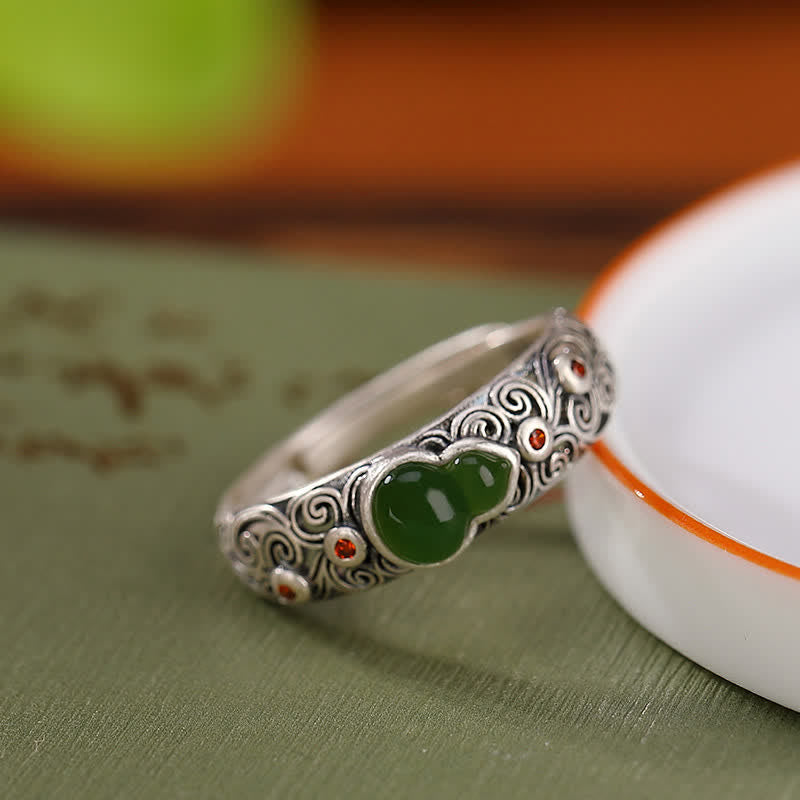 KarmaRipple's 925 Sterling Silver Red Agate Cyan Jade Gourd Blessing Auspicious Ring p7
