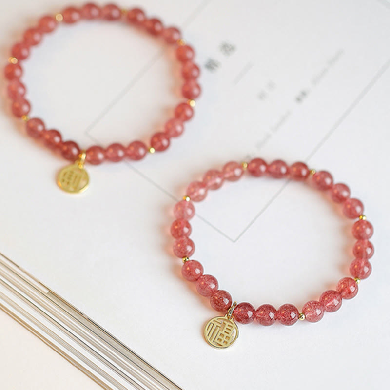 KarmaRipple's 14K Gold Plated Strawberry Quartz Fu Character Balancing Talisman Bracelet p14