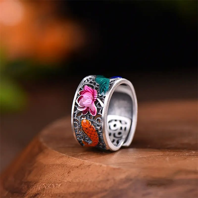KarmaRipple's Bronze Blue Enamel Lotus Heart Sutra Koi Fish Fortune Ring p10