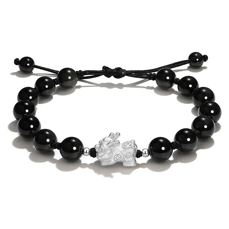 KarmaRipple's Authentic Black Obsidian Cat's Eye Pink Gemstone PiXiu Strength Bracelet p4
