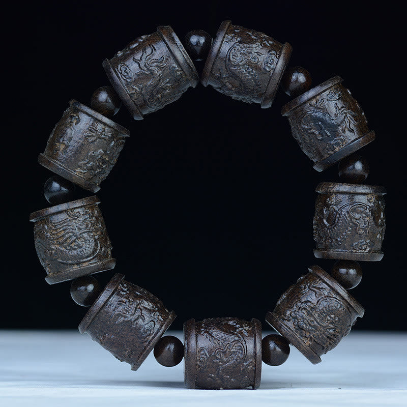 KarmaRipple's Ebony Wood Eighteen Arhats Lotus Dragon Engraved Balance Bracelet p20