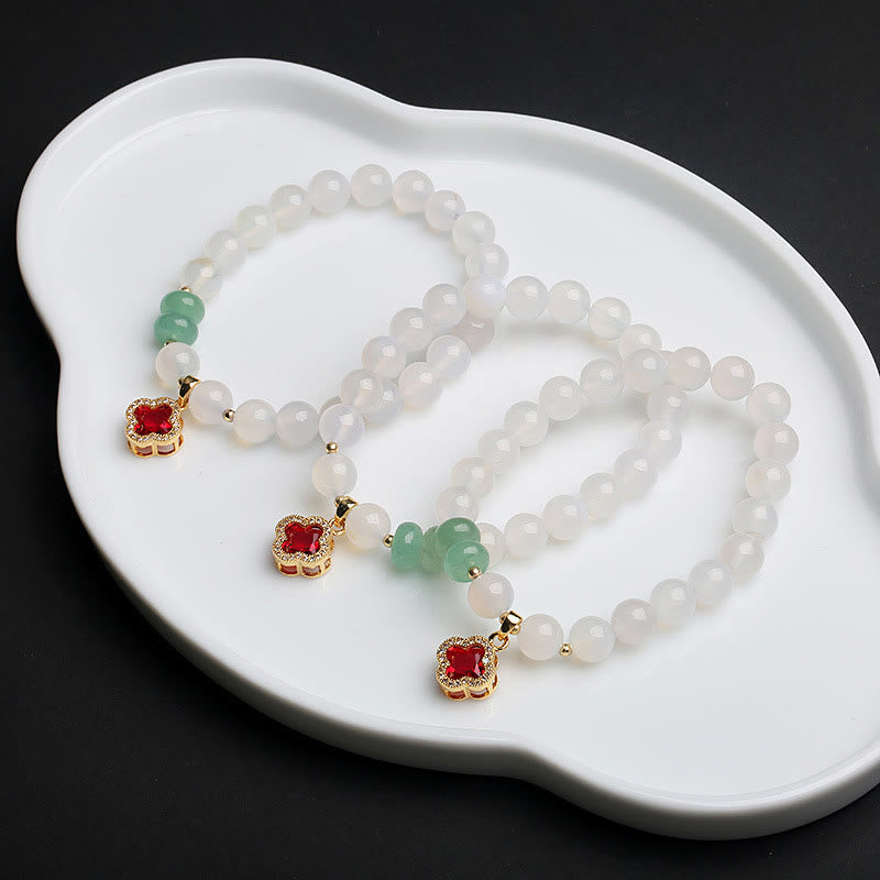 KarmaRipple's Authentic Ivory Agate Red Agate Money Bag Fu Character Four Leaf Clover Protection Bracelet p12