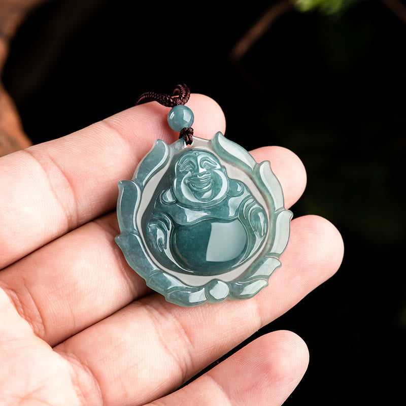KarmaRipple's Authentic Jade Laughing Buddha Lotus Pattern Fortune Pendant Necklace p4